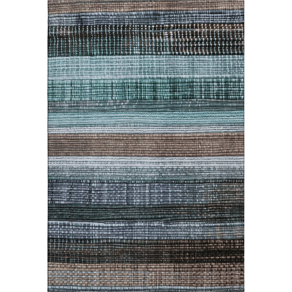 HomeRoots 9' X 12' Teal & Brown Striped Area Rug - Durable, Stain-Resistant, UV Protected for Stylish Living Spaces 706462