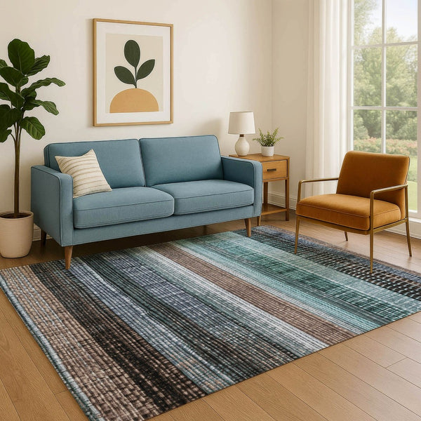 HomeRoots 9' X 12' Teal & Brown Striped Area Rug - Durable, Stain-Resistant, UV Protected for Stylish Living Spaces 706462