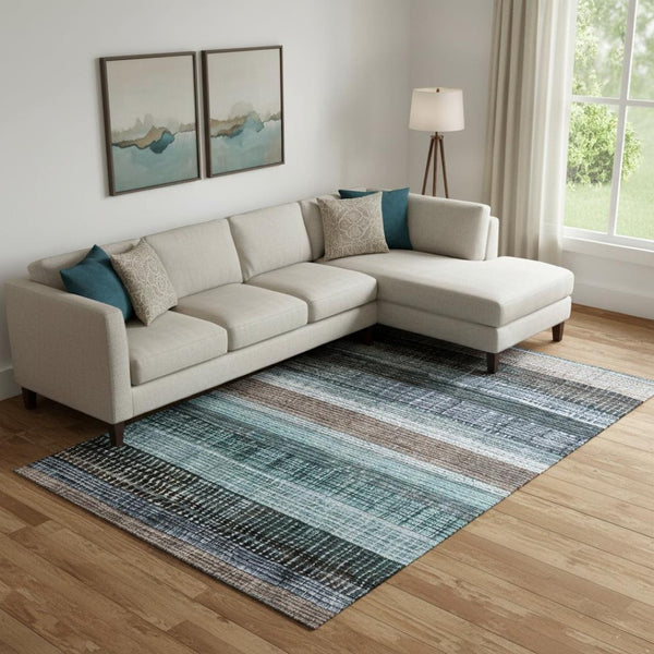 HomeRoots 10' X 14' Teal And Brown Striped Area Rug - Durable, UV-Protected, Easy-Care for High-Traffic Spaces 706463