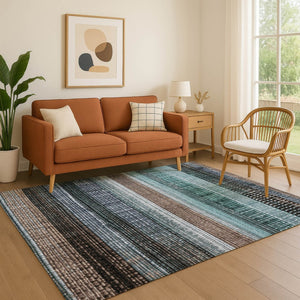 HomeRoots 10' X 14' Teal And Brown Striped Area Rug - Durable, UV-Protected, Easy-Care for High-Traffic Spaces 706463