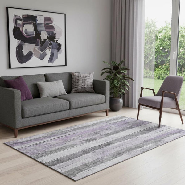 HomeRoots 5' X 8' Striped Lavender Gray and Silver Washable Area Rug with Non-Slip Backing & UV Protection 706465