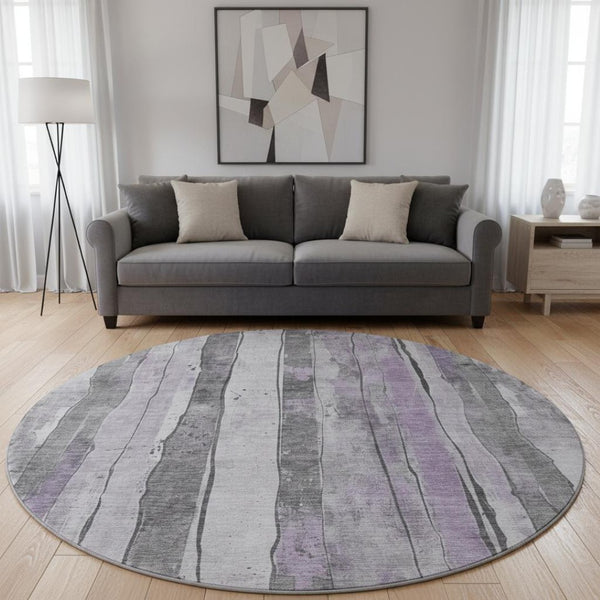 HomeRoots 8' Stylish Lavender Gray & Silver Striped Round Rug - Washable, UV Protected, Perfect for High-Traffic Areas 706466