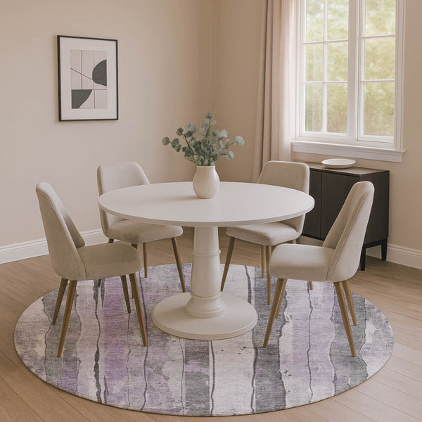 HomeRoots 8' Stylish Lavender Gray & Silver Striped Round Rug - Washable, UV Protected, Perfect for High-Traffic Areas 706466