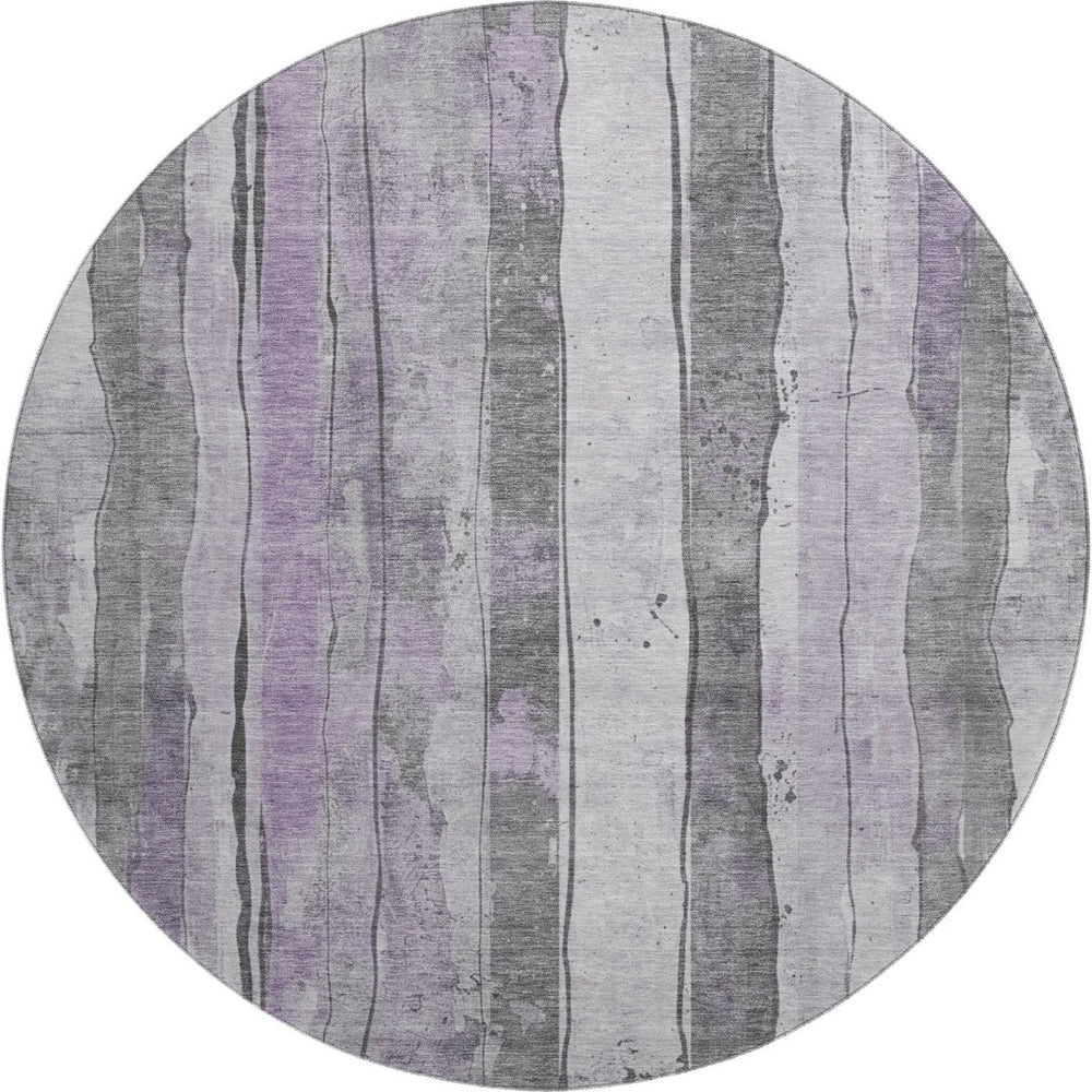 HomeRoots 8' Stylish Lavender Gray & Silver Striped Round Rug - Washable, UV Protected, Perfect for High-Traffic Areas 706466