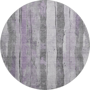 HomeRoots 8' Stylish Lavender Gray & Silver Striped Round Rug - Washable, UV Protected, Perfect for High-Traffic Areas 706466