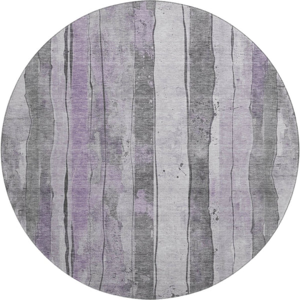 HomeRoots 8' Stylish Lavender Gray & Silver Striped Round Rug - Washable, UV Protected, Perfect for High-Traffic Areas 706466