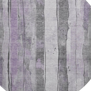HomeRoots 8' Stylish Lavender Gray & Silver Striped Round Rug - Washable, UV Protected, Perfect for High-Traffic Areas 706466