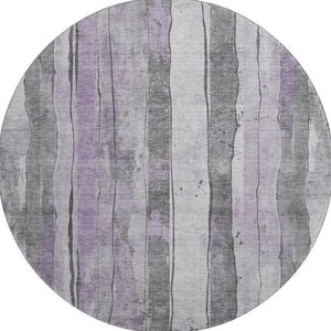 HomeRoots 8' Stylish Lavender Gray & Silver Striped Round Rug - Washable, UV Protected, Perfect for High-Traffic Areas 706466