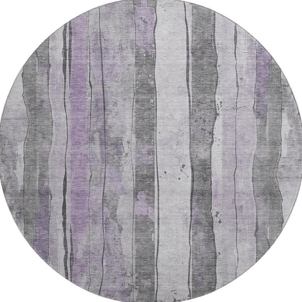 HomeRoots 8' Stylish Lavender Gray & Silver Striped Round Rug - Washable, UV Protected, Perfect for High-Traffic Areas 706466