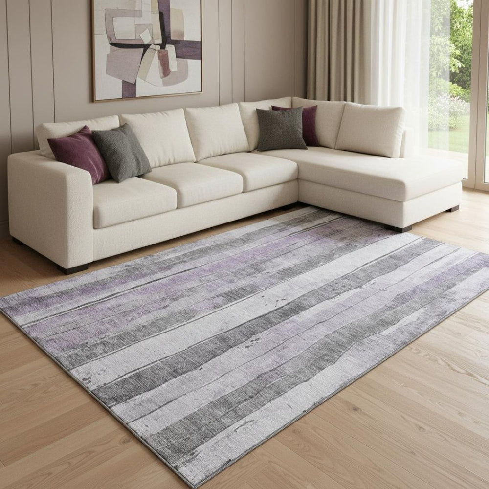 HomeRoots 8' X 10' Stylish Lavender Gray & Silver Striped Washable Area Rug with UV Protection & Durability 706467