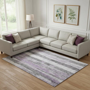 HomeRoots 9' X 12' Versatile Lavender Gray & Silver Striped Washable Area Rug with UV Protection & Durability 706468