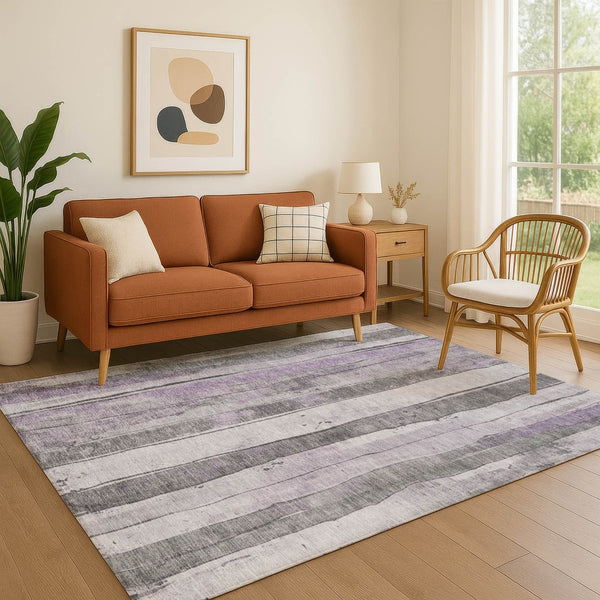 HomeRoots 9' X 12' Versatile Lavender Gray & Silver Striped Washable Area Rug with UV Protection & Durability 706468