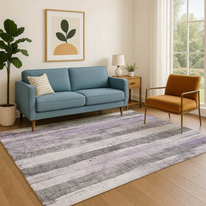 HomeRoots 9' X 12' Versatile Lavender Gray & Silver Striped Washable Area Rug with UV Protection & Durability 706468