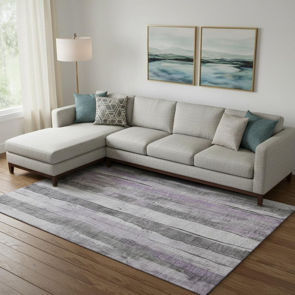 HomeRoots 10' X 14' Stylish Lavender Gray and Silver Striped Washable Rug with UV Protection for Your Home 706469