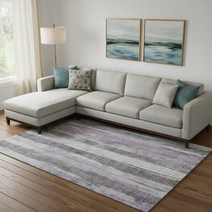 HomeRoots 10' X 14' Stylish Lavender Gray and Silver Striped Washable Rug with UV Protection for Your Home 706469