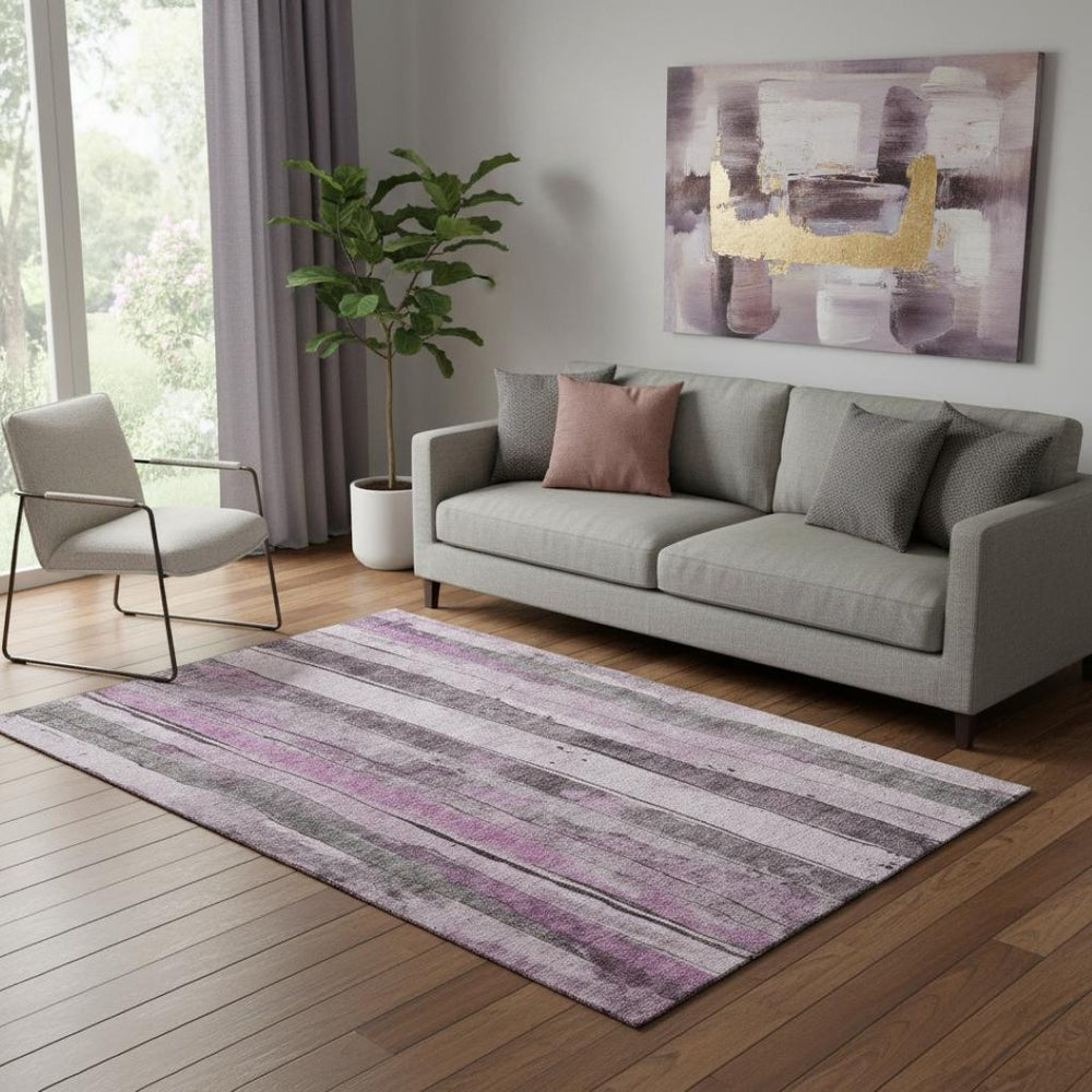 HomeRoots 5' X 8' Pink and Gray Striped Area Rug - Washable, UV Protected, Durable, Soft, Stylish Design! 706471