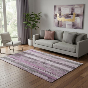 HomeRoots 5' X 8' Pink and Gray Striped Area Rug - Washable, UV Protected, Durable, Soft, Stylish Design! 706471