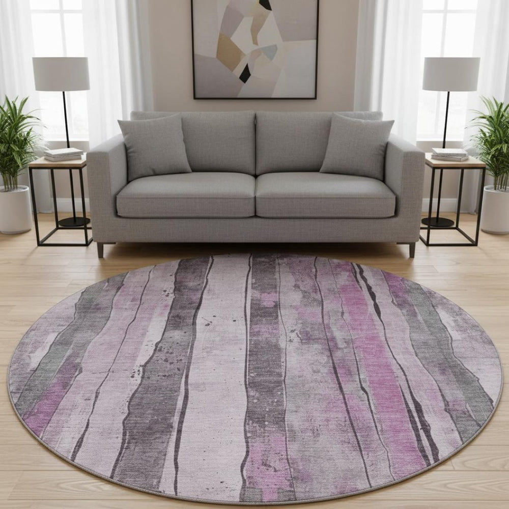 HomeRoots 8' Stylish Pink and Gray Striped Round Washable Rug with UV Protection for Modern Living Spaces 706472