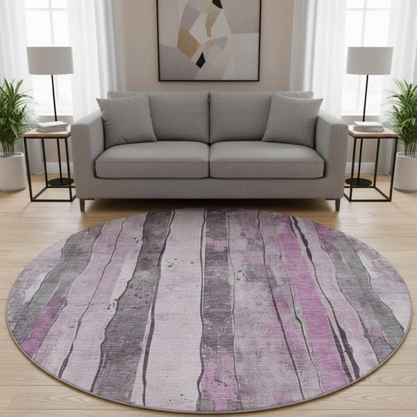 HomeRoots 8' Stylish Pink and Gray Striped Round Washable Rug with UV Protection for Modern Living Spaces 706472