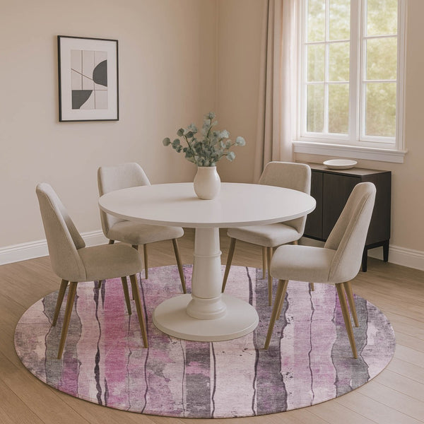 HomeRoots 8' Stylish Pink and Gray Striped Round Washable Rug with UV Protection for Modern Living Spaces 706472