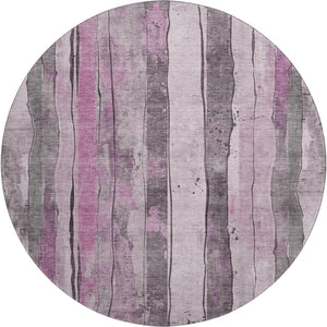 HomeRoots 8' Stylish Pink and Gray Striped Round Washable Rug with UV Protection for Modern Living Spaces 706472