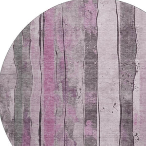 HomeRoots 8' Stylish Pink and Gray Striped Round Washable Rug with UV Protection for Modern Living Spaces 706472