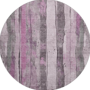 HomeRoots 8' Stylish Pink and Gray Striped Round Washable Rug with UV Protection for Modern Living Spaces 706472