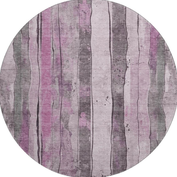 HomeRoots 8' Stylish Pink and Gray Striped Round Washable Rug with UV Protection for Modern Living Spaces 706472