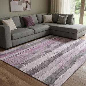 HomeRoots 8' X 10' Stylish Pink and Gray Striped Washable Area Rug with UV Protection for High-Traffic Spaces 706473