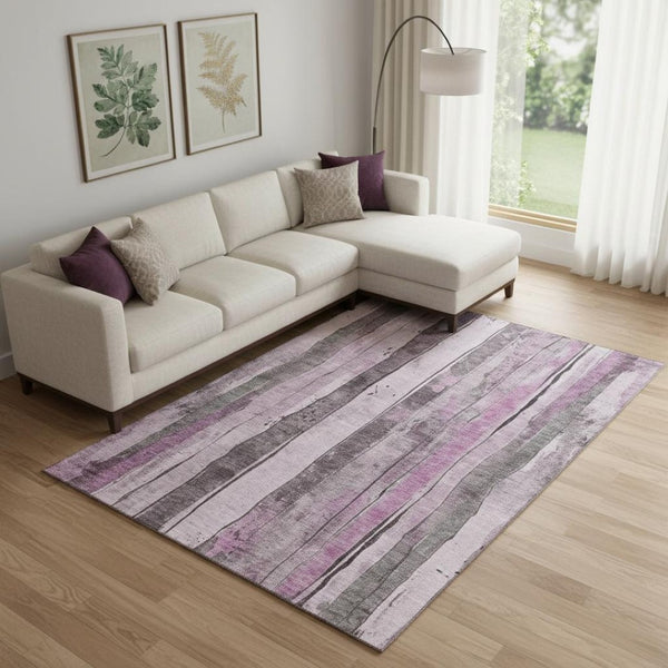 HomeRoots 10' Pink and Gray Striped Washable Area Rug - Stain Resistant, UV Protected, Perfect for Families! 706475