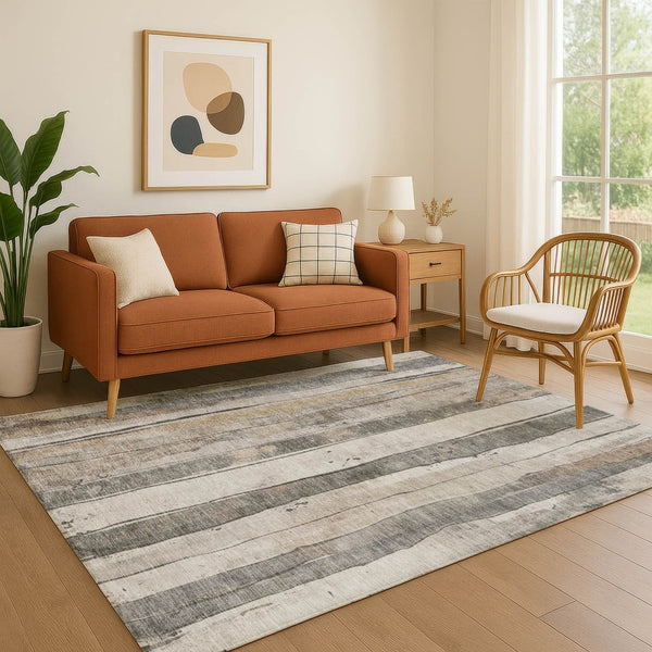 HomeRoots 5' X 8' Beige and Gray Striped Washable Area Rug - Stain Resistant, UV Protected, Non-Slip Design 706477