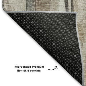 HomeRoots 5' X 8' Beige and Gray Striped Washable Area Rug - Stain Resistant, UV Protected, Non-Slip Design 706477