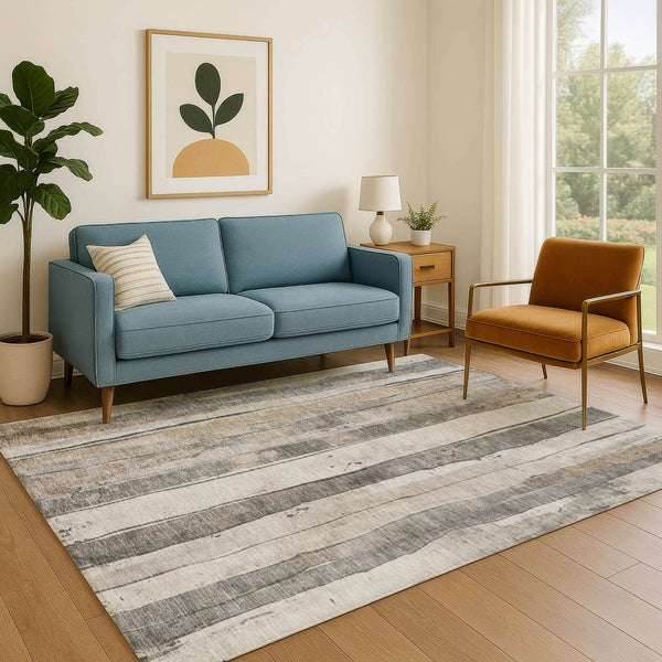 HomeRoots 5' X 8' Beige and Gray Striped Washable Area Rug - Stain Resistant, UV Protected, Non-Slip Design 706477