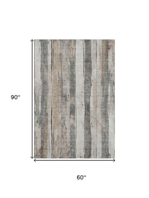 HomeRoots 5' X 8' Beige and Gray Striped Washable Area Rug - Stain Resistant, UV Protected, Non-Slip Design 706477