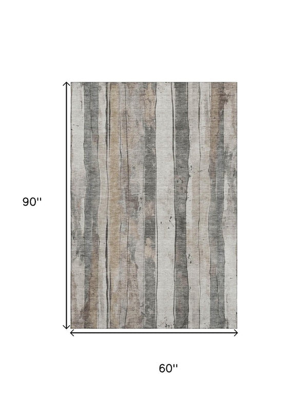 HomeRoots 5' X 8' Beige and Gray Striped Washable Area Rug - Stain Resistant, UV Protected, Non-Slip Design 706477