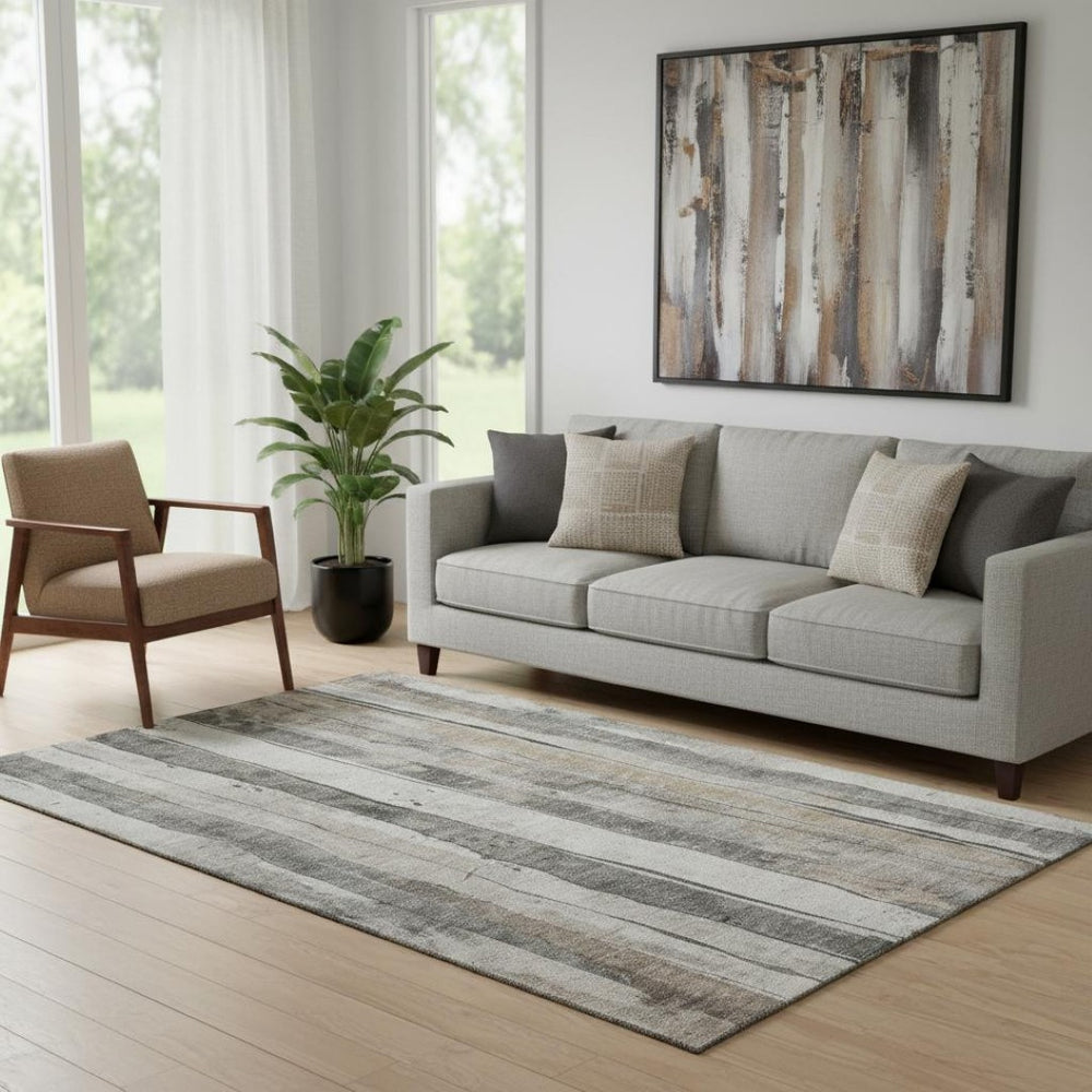 HomeRoots 5' X 8' Beige and Gray Striped Washable Area Rug - Stain Resistant, UV Protected, Non-Slip Design 706477