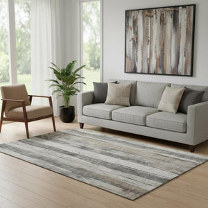 HomeRoots 5' X 8' Beige and Gray Striped Washable Area Rug - Stain Resistant, UV Protected, Non-Slip Design 706477