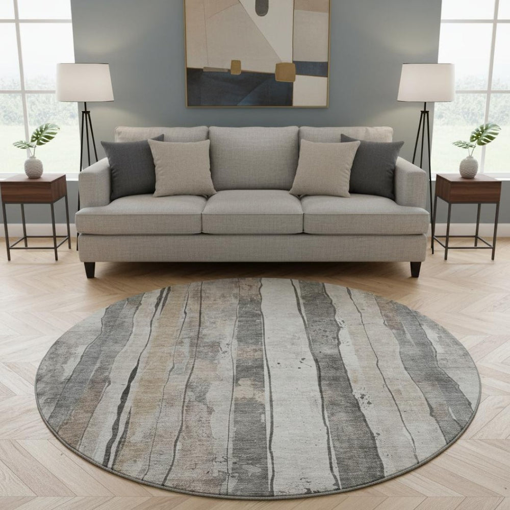 HomeRoots 8' Beige and Gray Striped Washable Round Rug - Durable, UV-Protected, Ideal for High-Traffic Areas! 706478