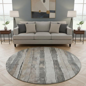 HomeRoots 8' Beige and Gray Striped Washable Round Rug - Durable, UV-Protected, Ideal for High-Traffic Areas! 706478