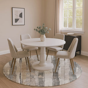 HomeRoots 8' Beige and Gray Striped Washable Round Rug - Durable, UV-Protected, Ideal for High-Traffic Areas! 706478