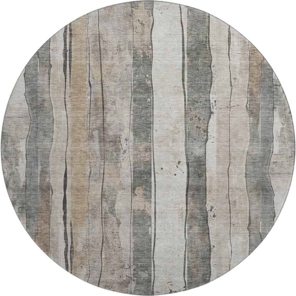 HomeRoots 8' Beige and Gray Striped Washable Round Rug - Durable, UV-Protected, Ideal for High-Traffic Areas! 706478