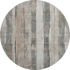 HomeRoots 8' Beige and Gray Striped Washable Round Rug - Durable, UV-Protected, Ideal for High-Traffic Areas! 706478