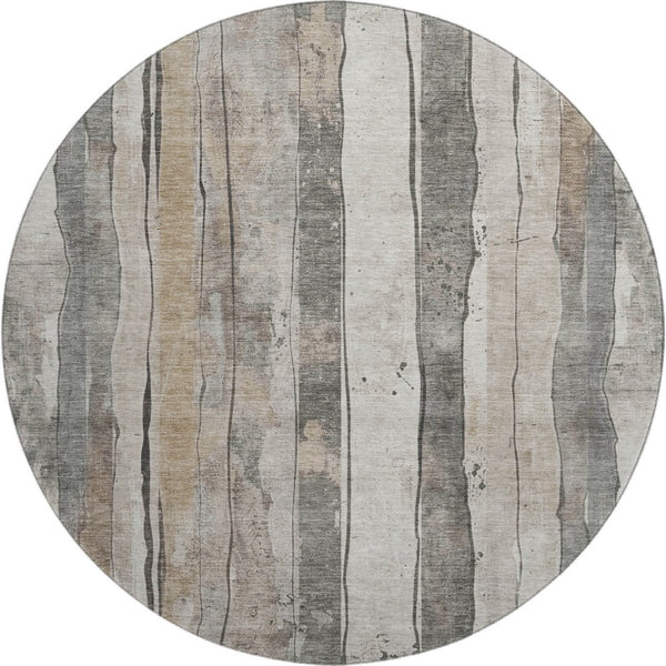 HomeRoots 8' Beige and Gray Striped Washable Round Rug - Durable, UV-Protected, Ideal for High-Traffic Areas! 706478