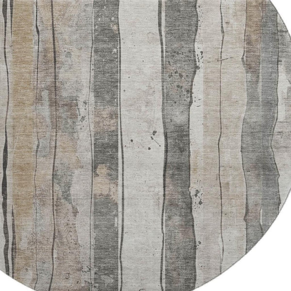 HomeRoots 8' Beige and Gray Striped Washable Round Rug - Durable, UV-Protected, Ideal for High-Traffic Areas! 706478