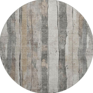 HomeRoots 8' Beige and Gray Striped Washable Round Rug - Durable, UV-Protected, Ideal for High-Traffic Areas! 706478