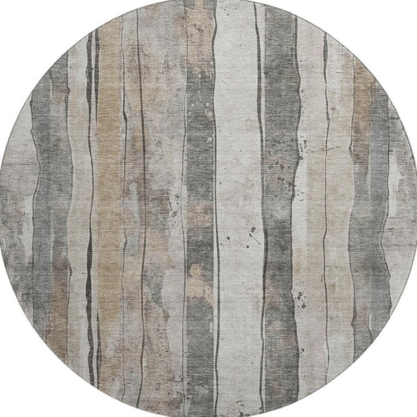 HomeRoots 8' Beige and Gray Striped Washable Round Rug - Durable, UV-Protected, Ideal for High-Traffic Areas! 706478