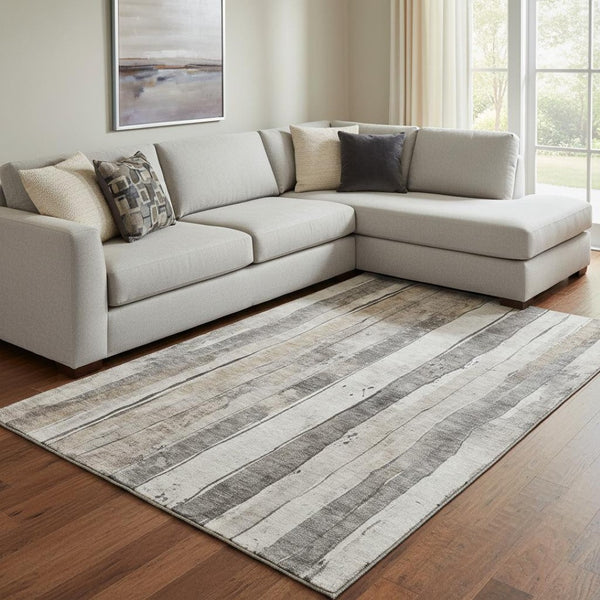 HomeRoots 8' X 10' Striped Washable Area Rug in Beige & Gray - UV Protected, Non-Slip, Durable, Family-Friendly! 706479