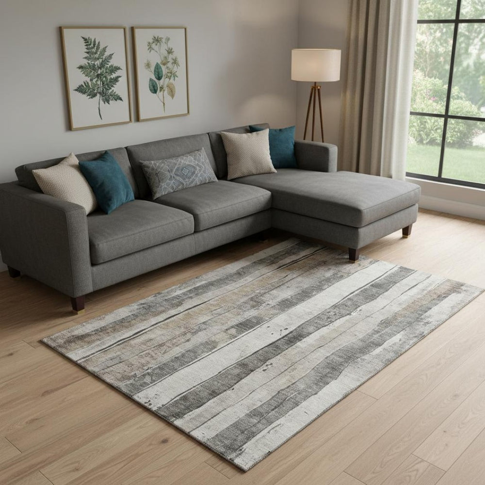 HomeRoots 9' X 12' Beige and Gray Striped Washable Area Rug with UV Protection for High-Traffic Rooms & Pets 706480