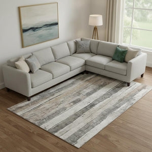 HomeRoots 10' X 14' Beige and Gray Striped Area Rug – Washable, UV Protected, Stain Resistant for High Traffic Spaces 706481