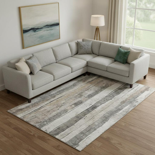 HomeRoots 10' X 14' Beige and Gray Striped Area Rug – Washable, UV Protected, Stain Resistant for High Traffic Spaces 706481
